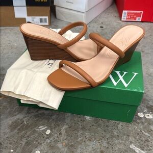 J Crew NEW Double Strap Tan Leather Stacked Wedge Sandals Heels SZ 8 Women’s